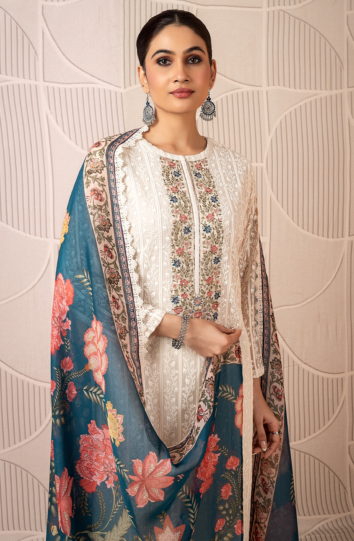 Cream Exclusive Pure Chiffon Chikankari Embroidered Suit with Organza Dupatta - ZAC2225