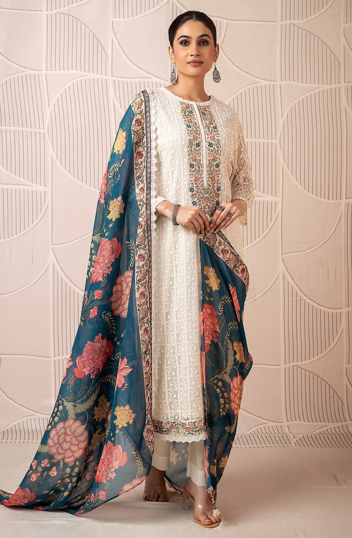 Cream Exclusive Pure Chiffon Chikankari Embroidered Suit with Organza Dupatta - ZAC2225