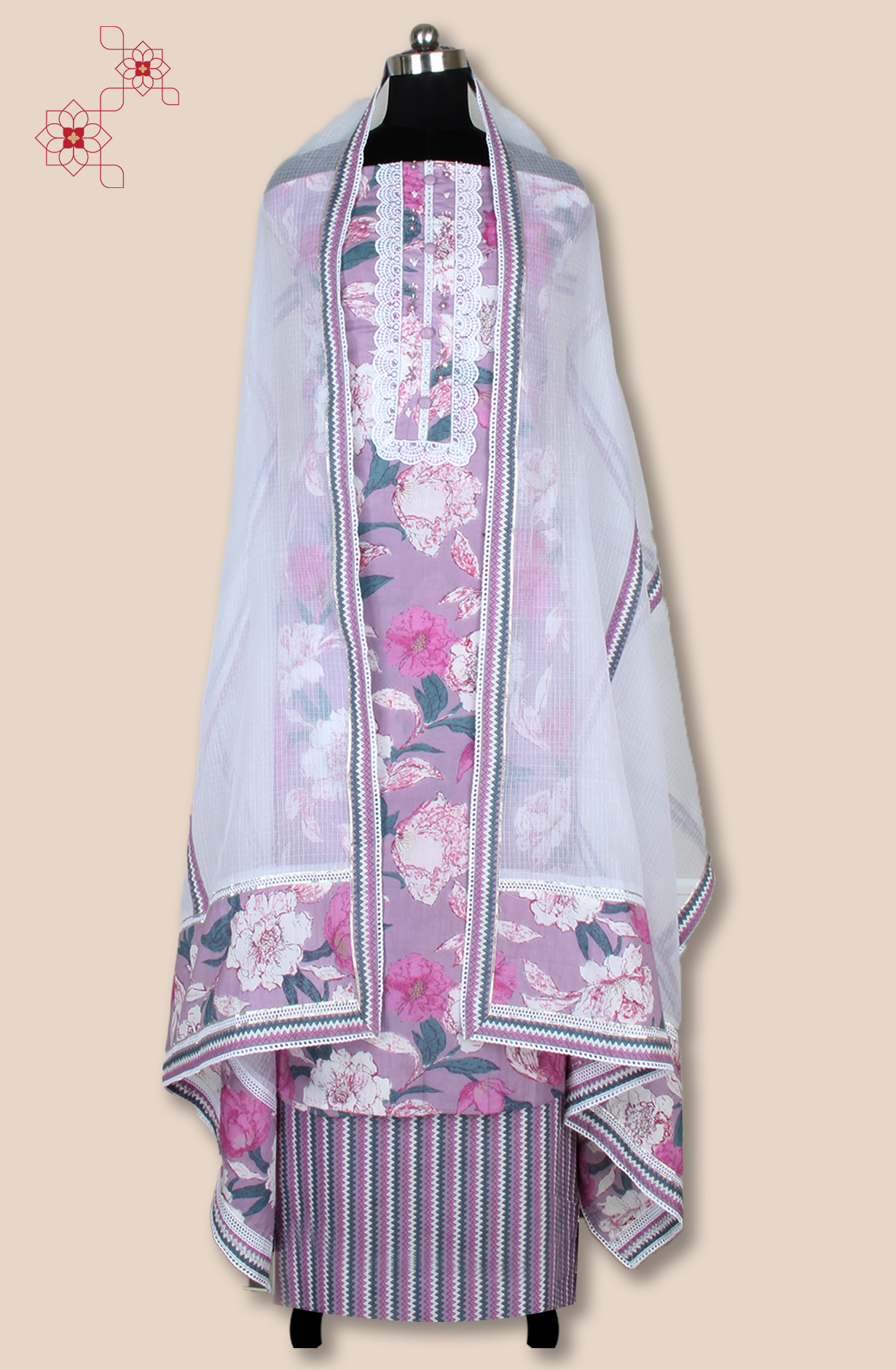 Purple Cotton Printed Unstitched Lace work Suit with Trendy Dupatta - 131-112351-119B