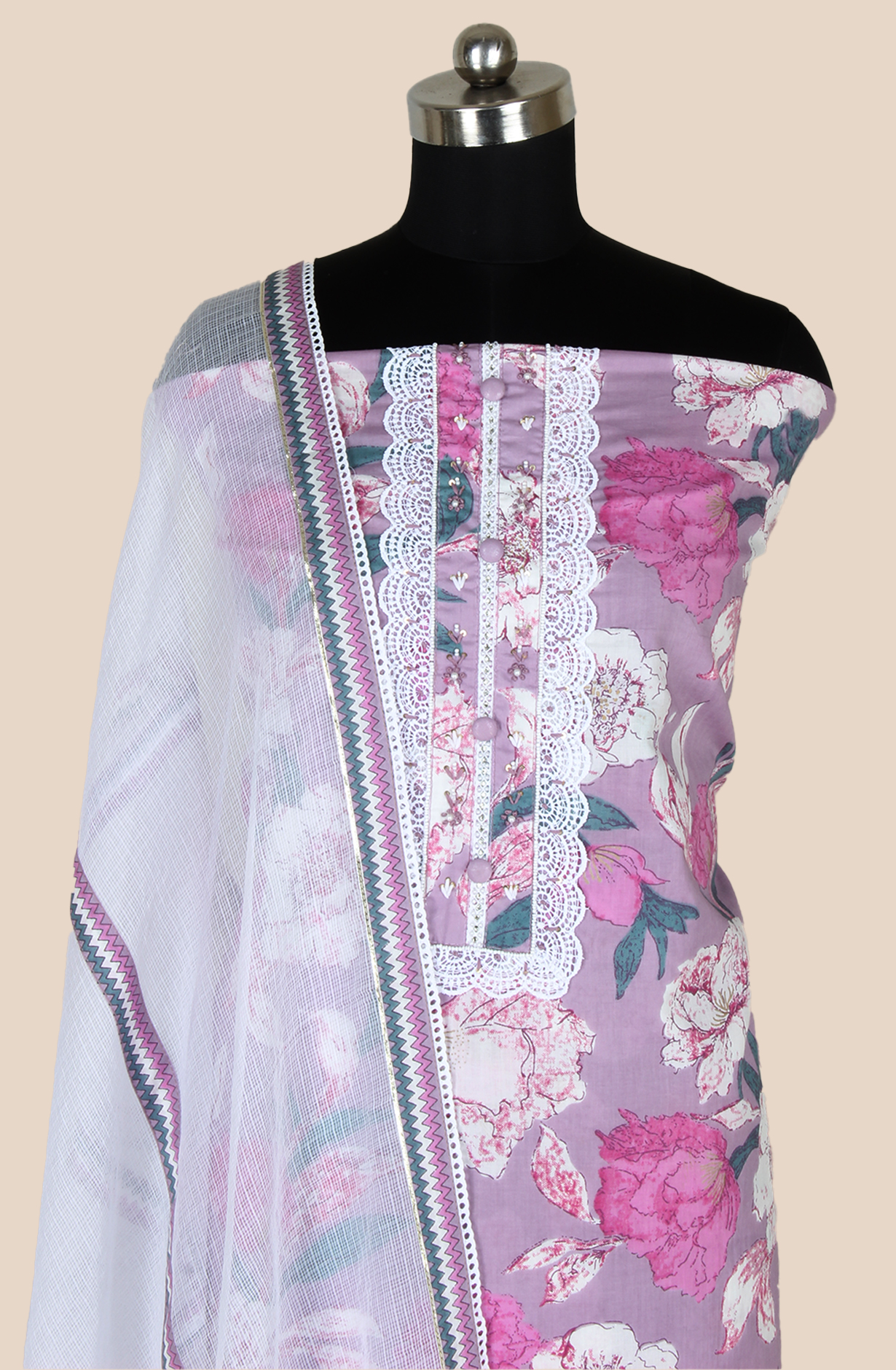 Purple Cotton Printed Unstitched Lace work Suit with Trendy Dupatta - 131-112351-119B