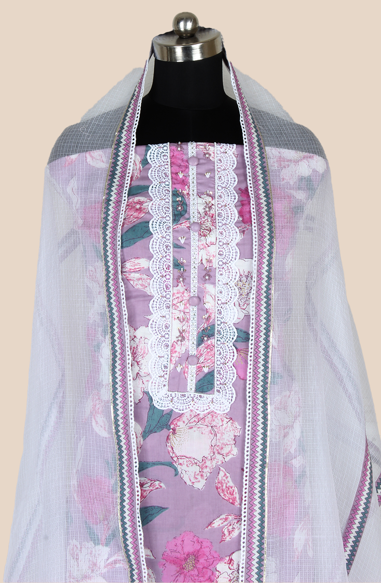 Purple Cotton Printed Unstitched Lace work Suit with Trendy Dupatta - 131-112351-119B