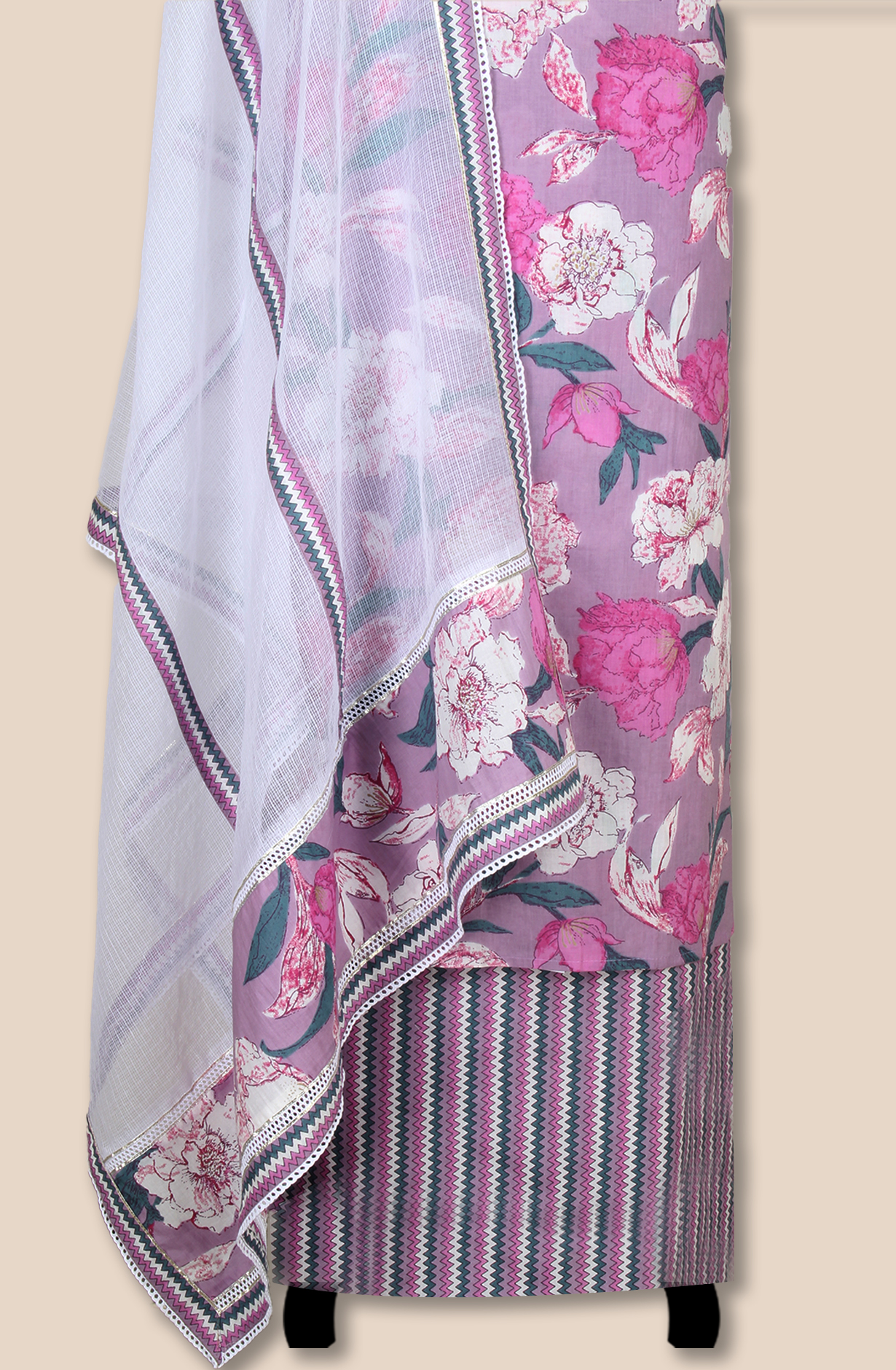 Purple Cotton Printed Unstitched Lace work Suit with Trendy Dupatta - 131-112351-119B