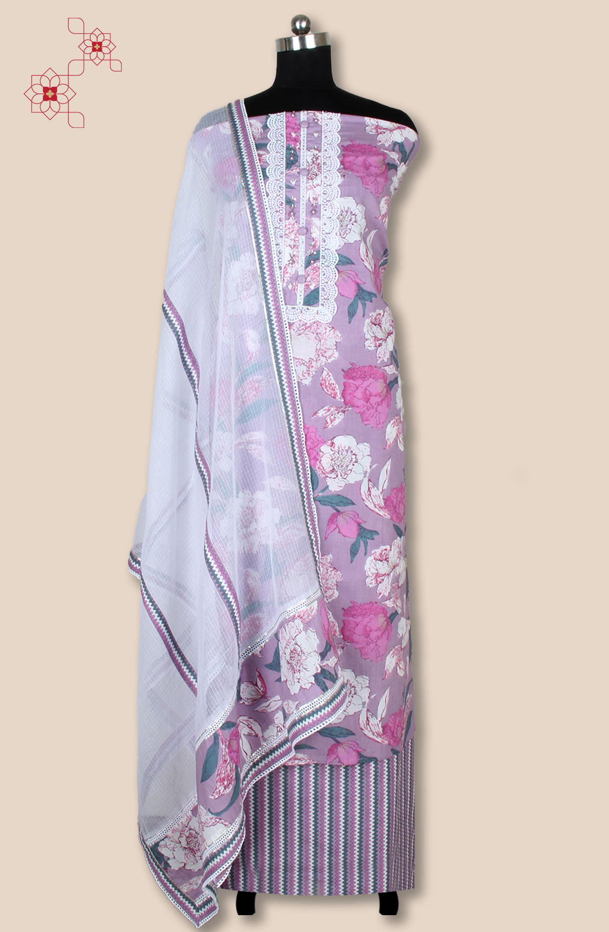 Purple Cotton Printed Unstitched Lace work Suit with Trendy Dupatta - 131-112351-119B