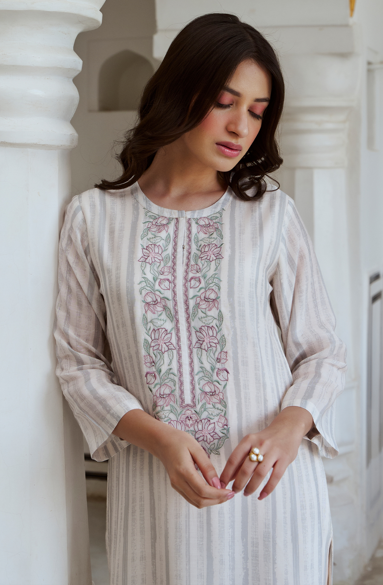 Cream and Grey Beautiful Pure Muslin Salwar Suit with Organza Dupatta - MAZ2220