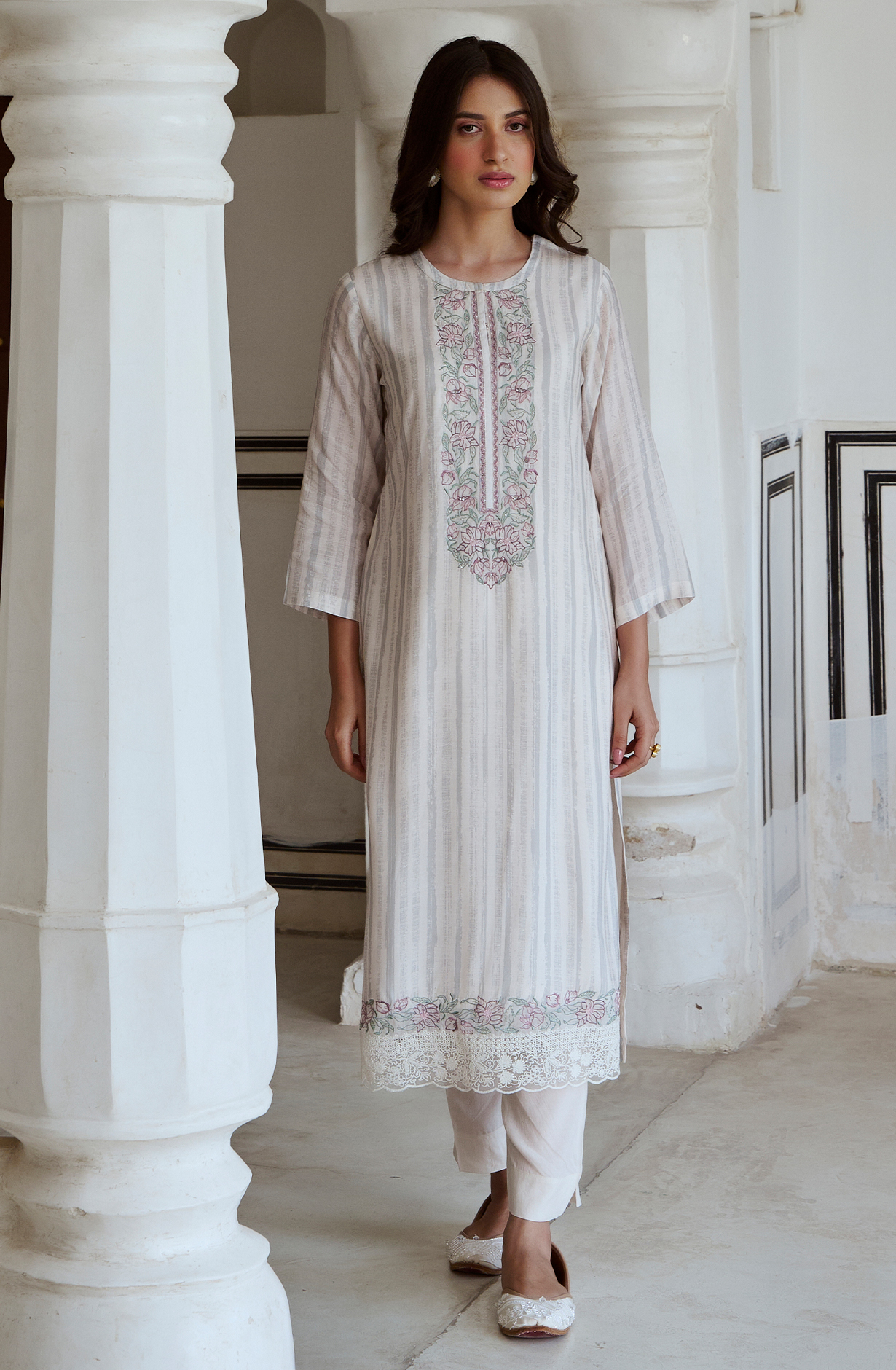 Cream and Grey Beautiful Pure Muslin Salwar Suit with Organza Dupatta - MAZ2220