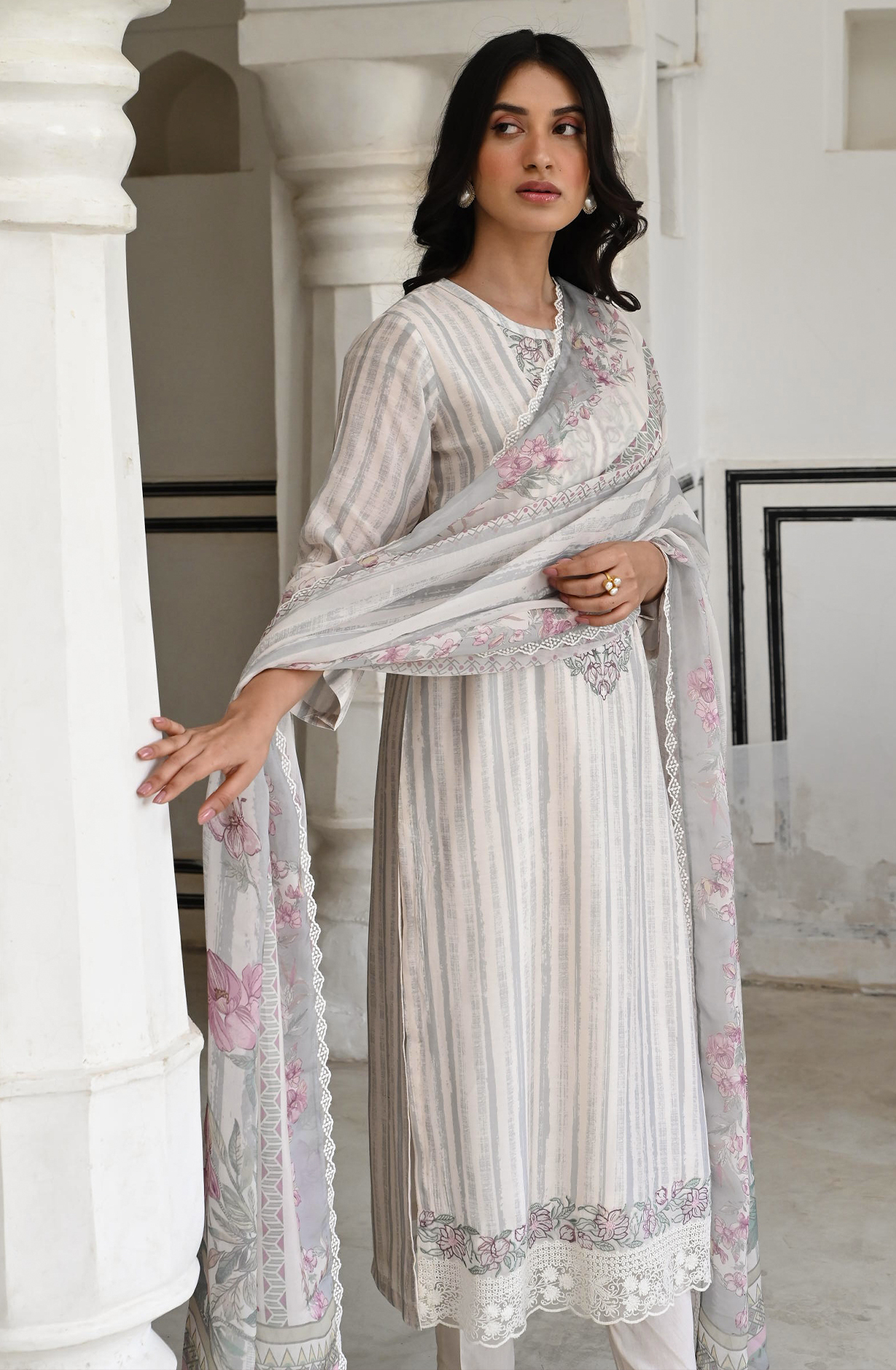 Cream and Grey Beautiful Pure Muslin Salwar Suit with Organza Dupatta - MAZ2220