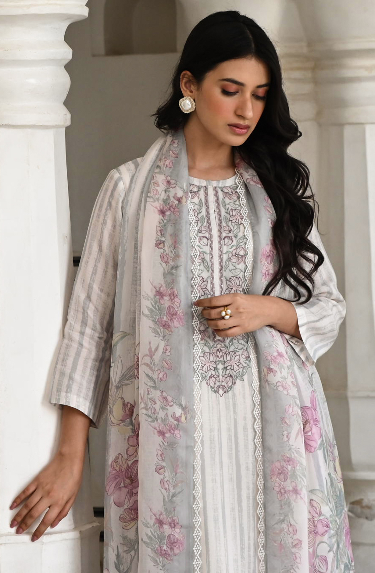 Cream and Grey Beautiful Pure Muslin Salwar Suit with Organza Dupatta - MAZ2220