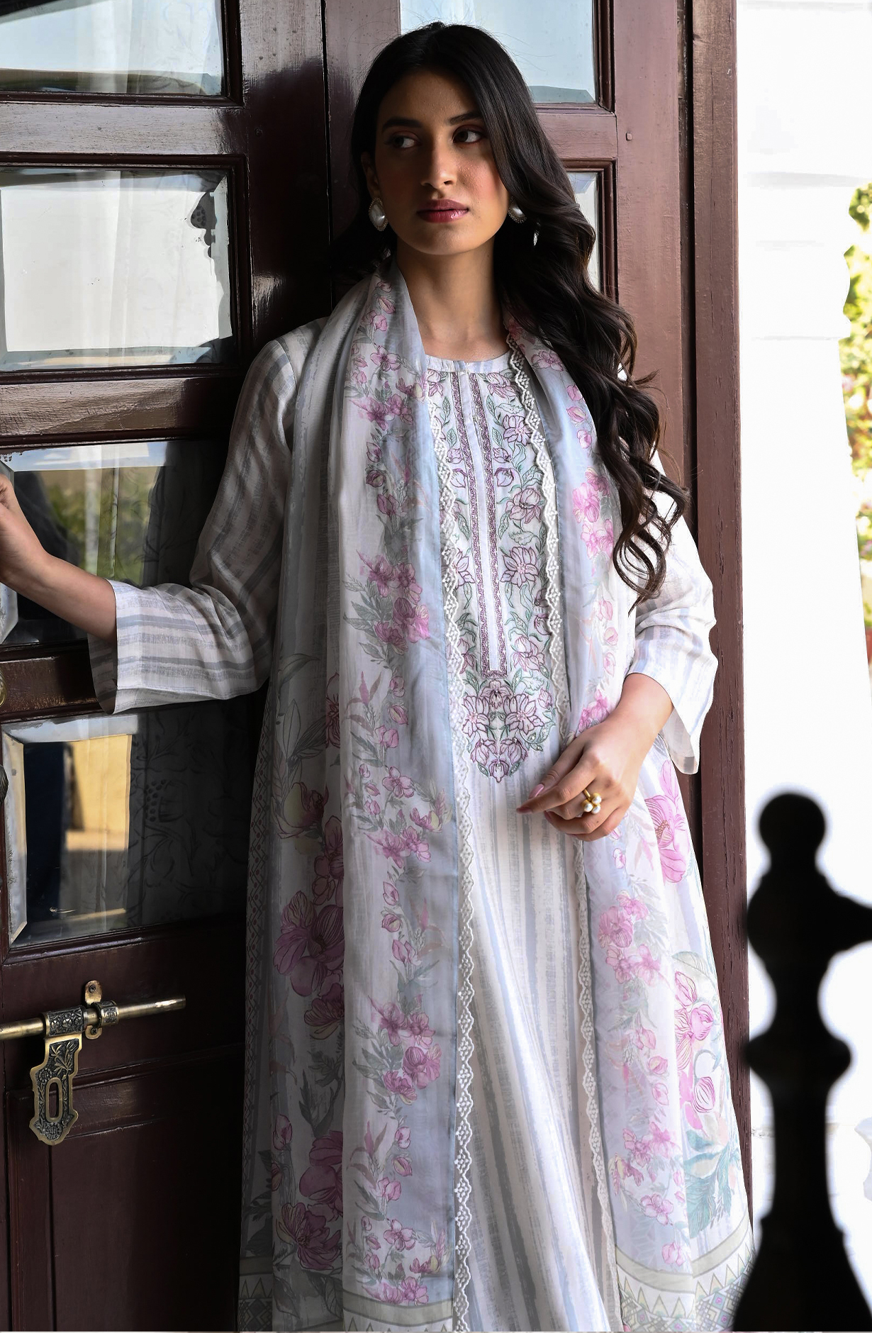Cream and Grey Beautiful Pure Muslin Salwar Suit with Organza Dupatta - MAZ2220