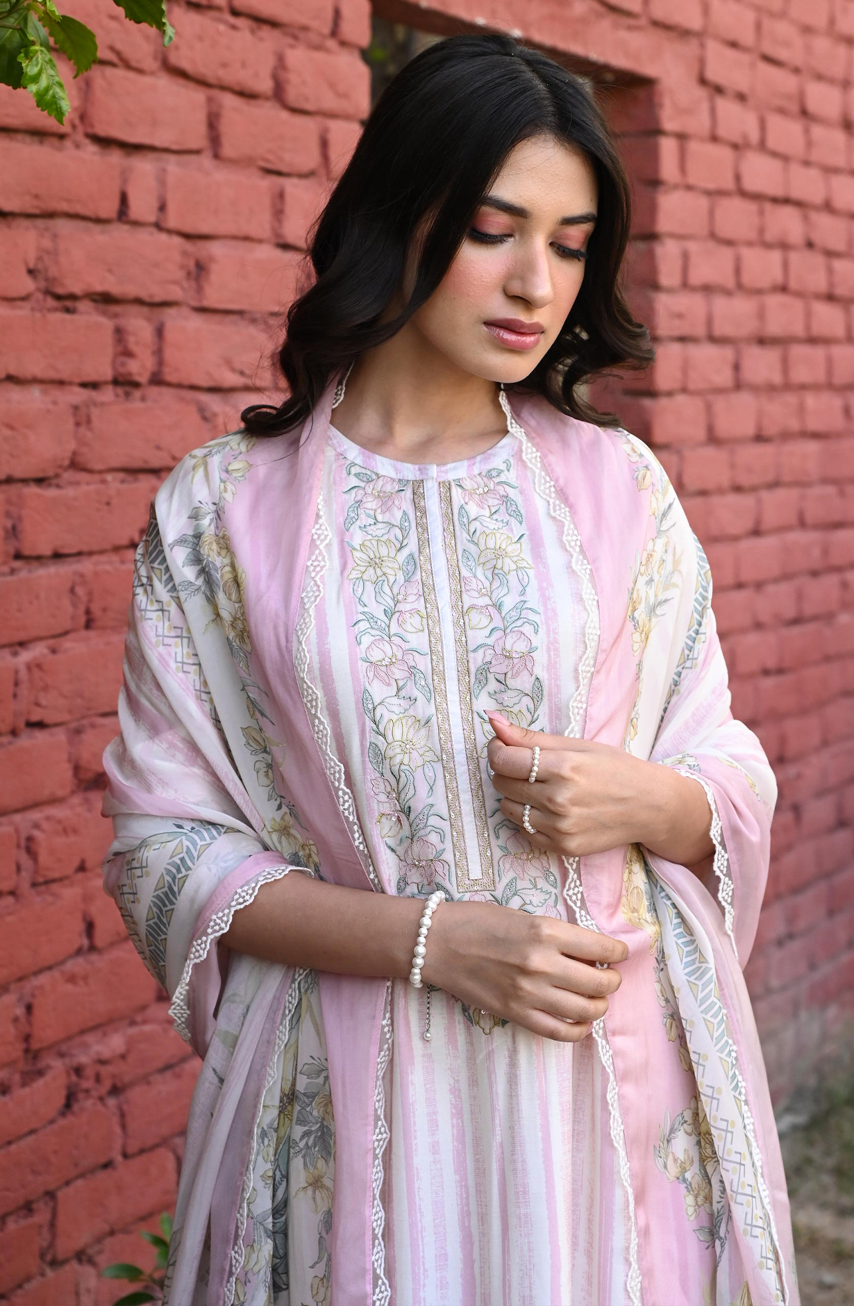 Cream and Mauve Beautiful Pure Muslin Salwar Suit with Organza Dupatta - MAZ2219
