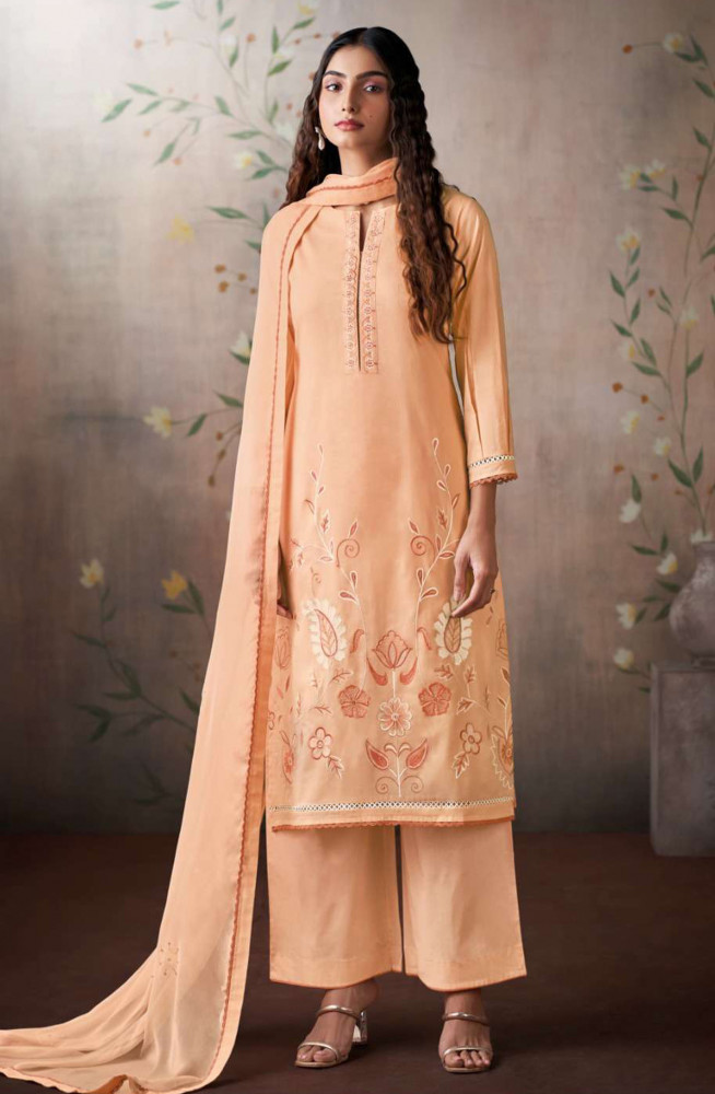 Image of Orange premium cotton Unstitched Suit Set with Dupatta - MELS4531B