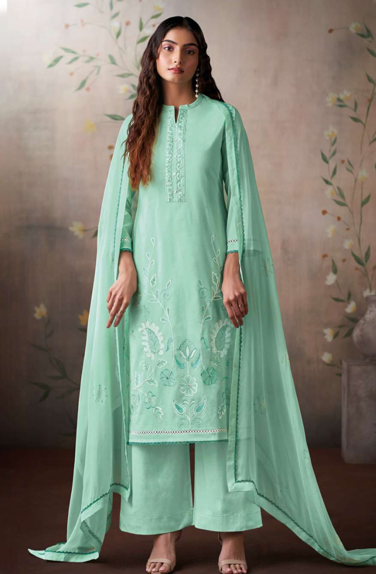 Green premium cotton Unstitched Suit Set with Dupatta - MELS4531C