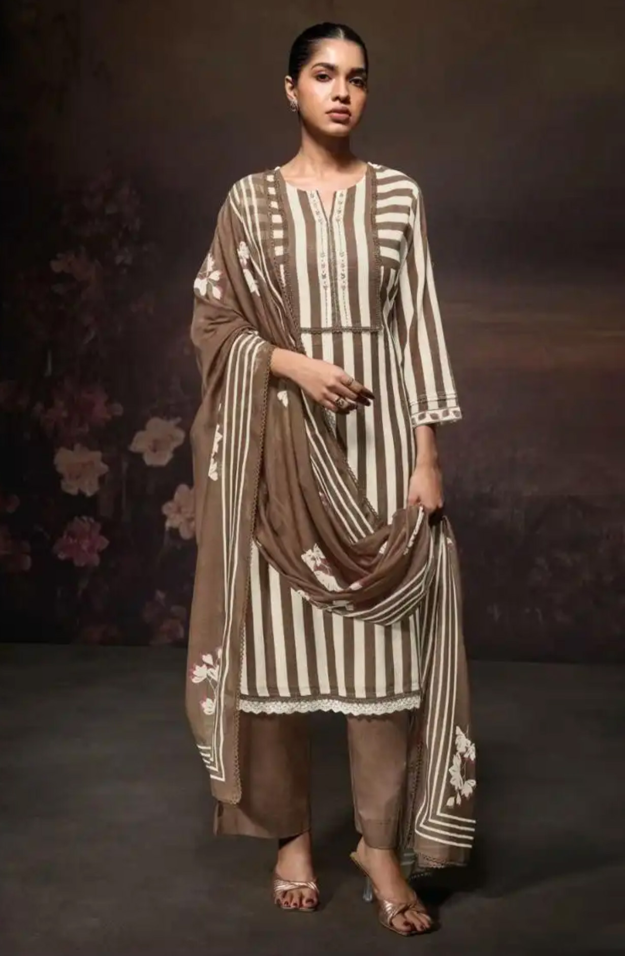 Brown premium cotton linen Unstitched Suit Set with Dupatta - ZIAS3685B