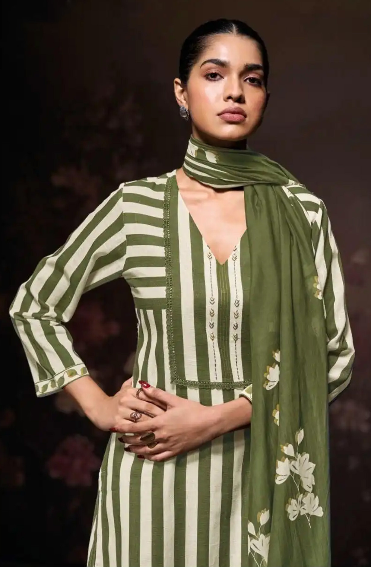 Green premium cotton linen Unstitched Suit Set with Dupatta - ZIAS3685C