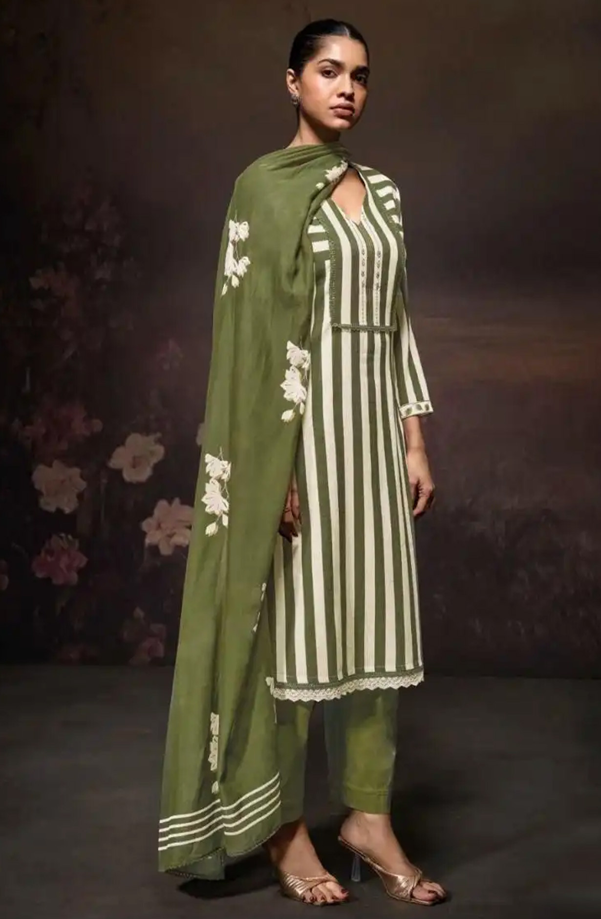 Green premium cotton linen Unstitched Suit Set with Dupatta - ZIAS3685C