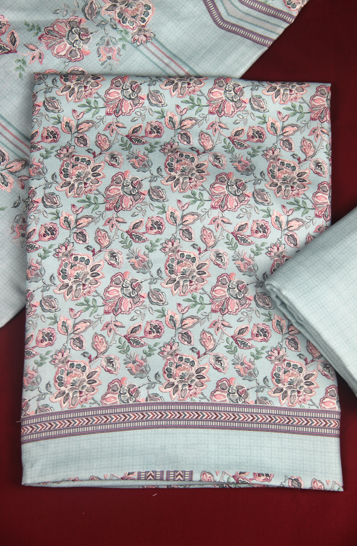 Blue Spun All Over Printed Suit Set wit Shawl - ZAA1602A