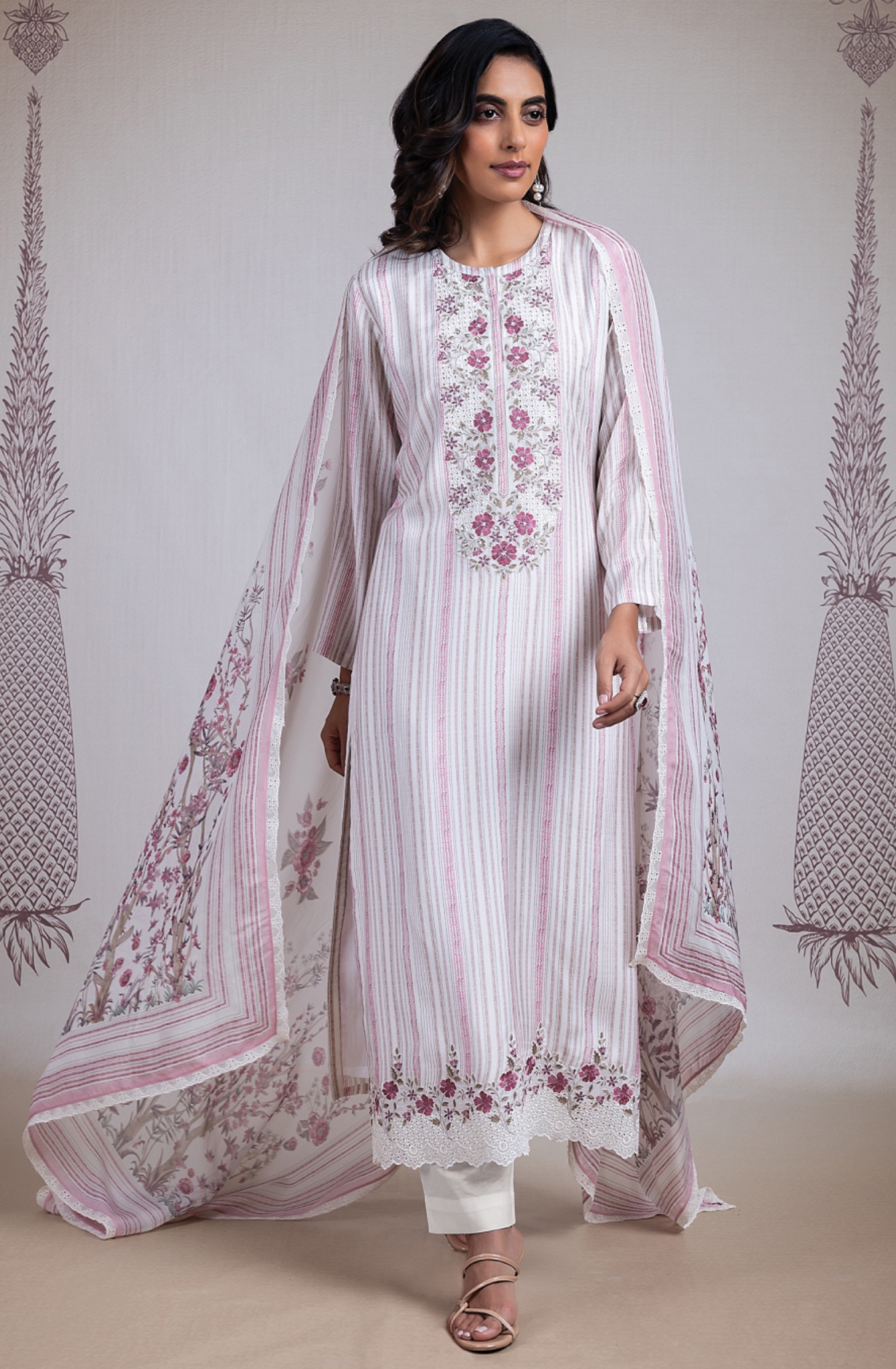 Pink Muslin Suit Set with Organza Dupatta -RAY2449A