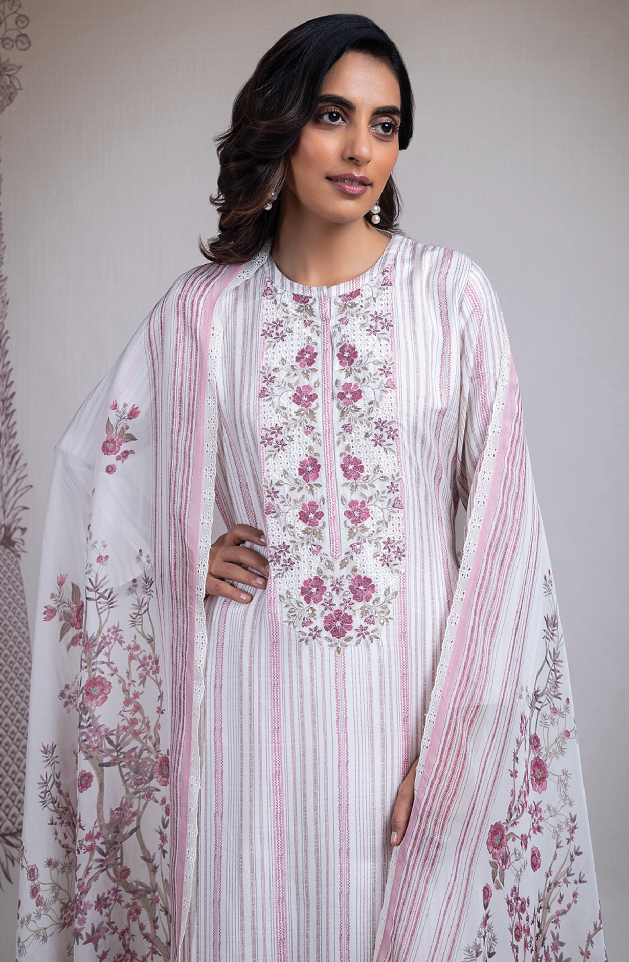 Pink Muslin Suit Set with Organza Dupatta -RAY2449A
