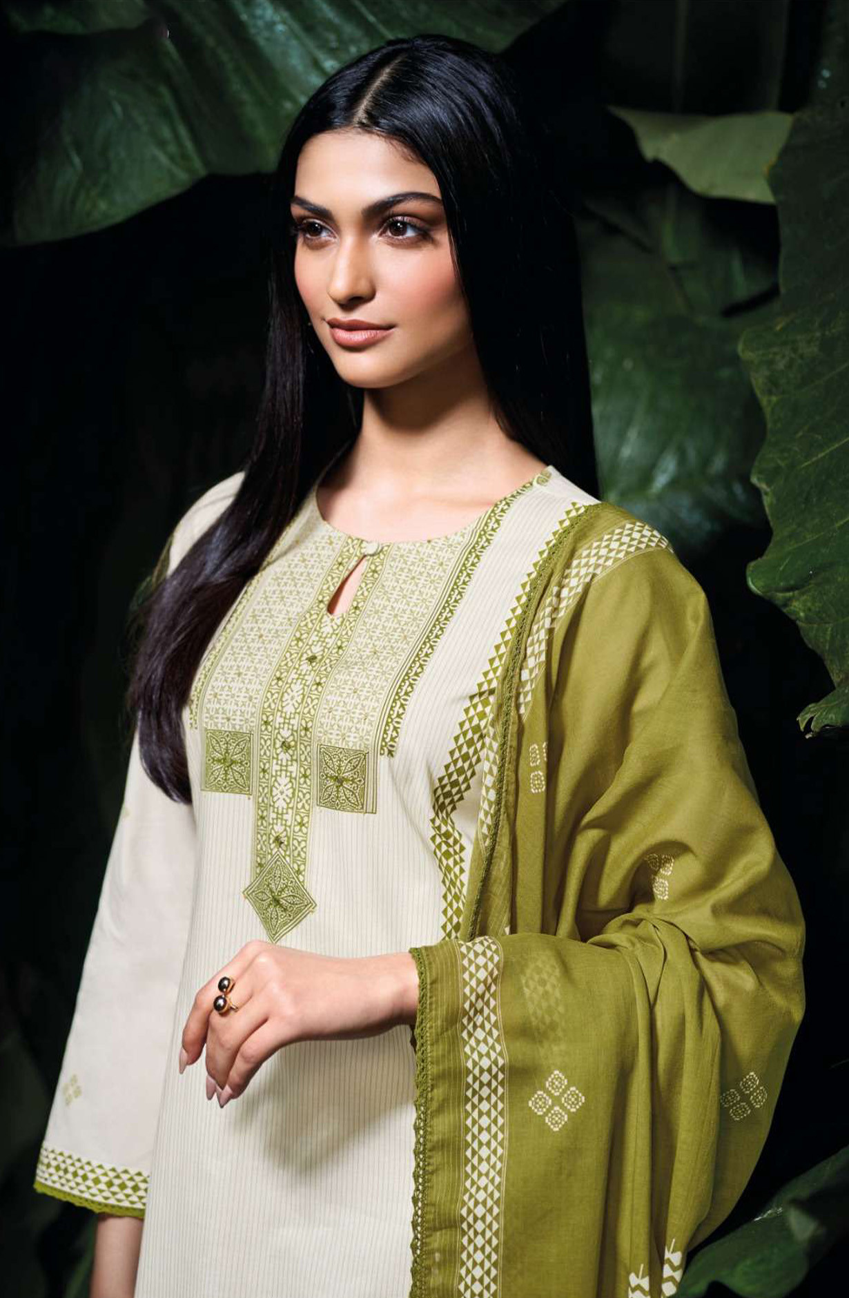 Mehndi premium cotton Unstitched Suit Set with Dupatta - KRIS4498C