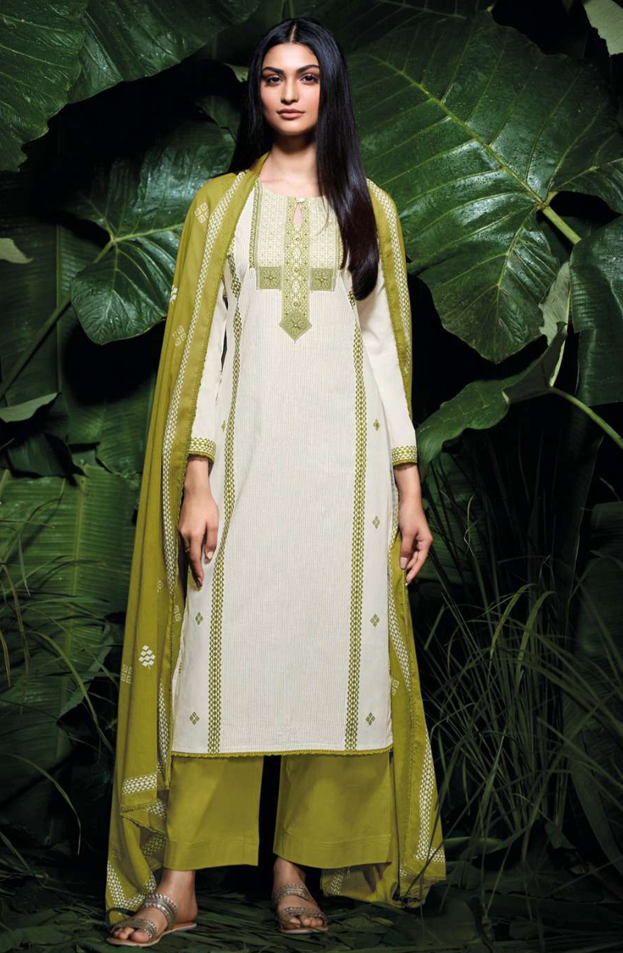 Mehndi premium cotton Unstitched Suit Set with Dupatta - KRIS4498C