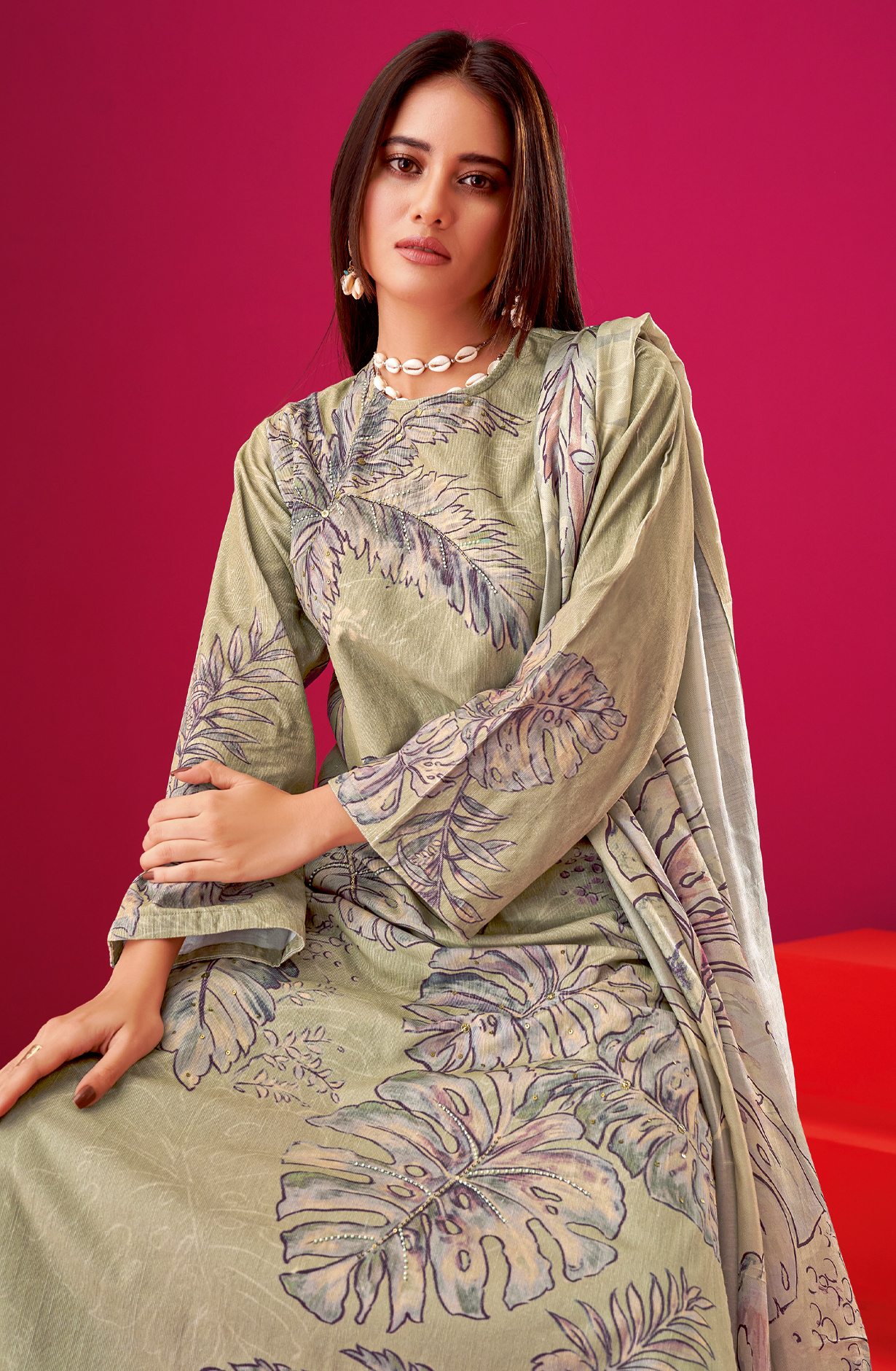 Beige Cotton Corduroy Unstitched Printed Suit Sets - ALB518