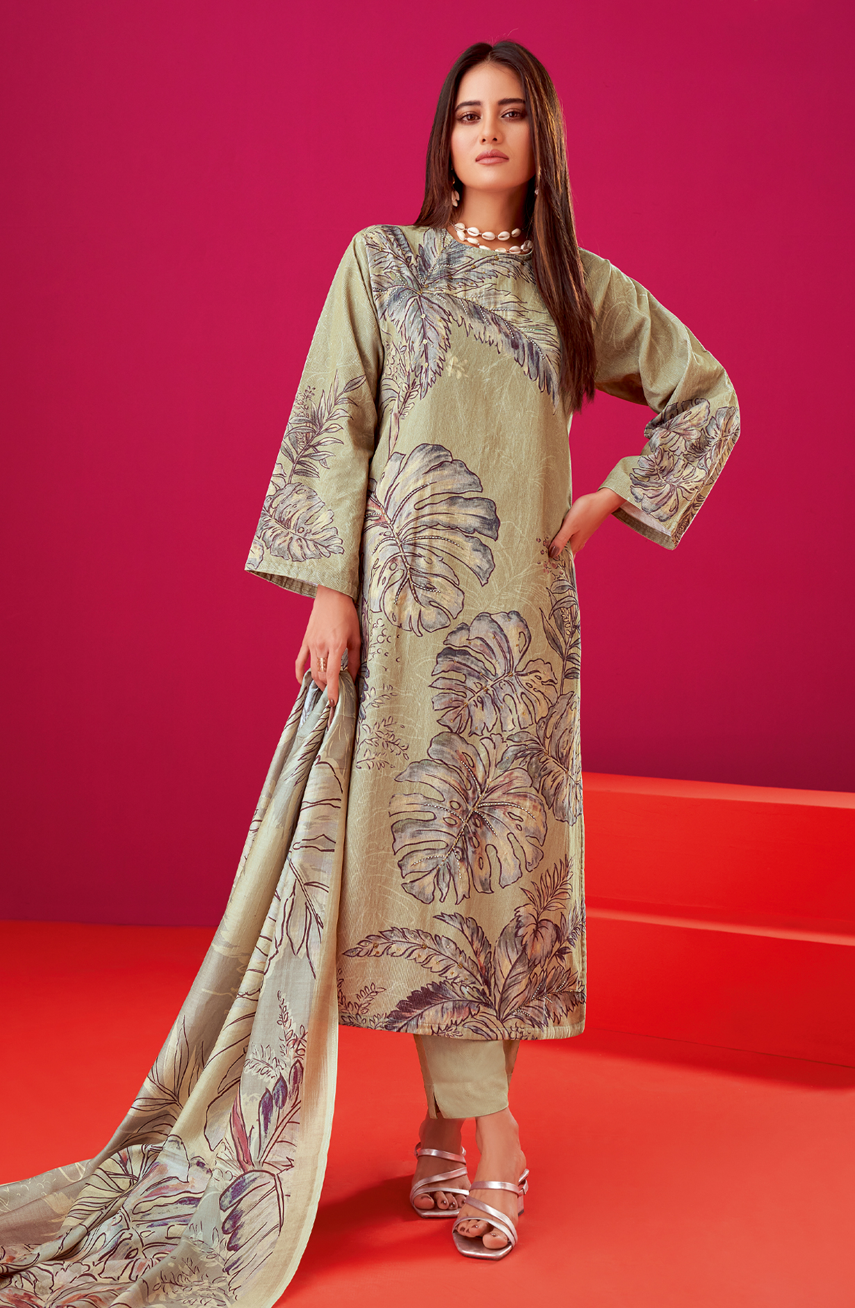 Beige Cotton Corduroy Unstitched Printed Suit Sets - ALB518