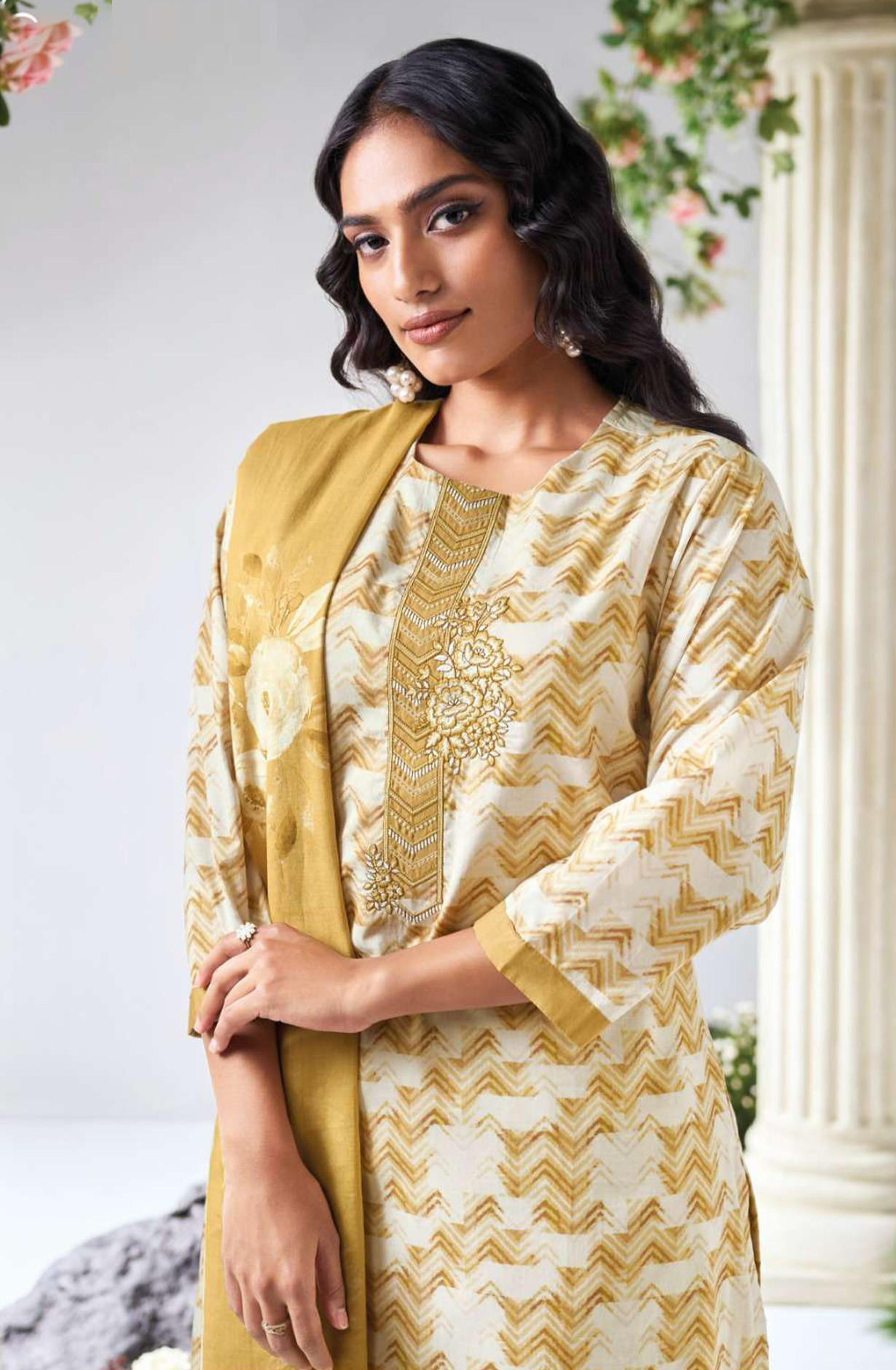 Yellow premium cotton linen Unstitched Suit Set with Dupatta - ASLS3596B