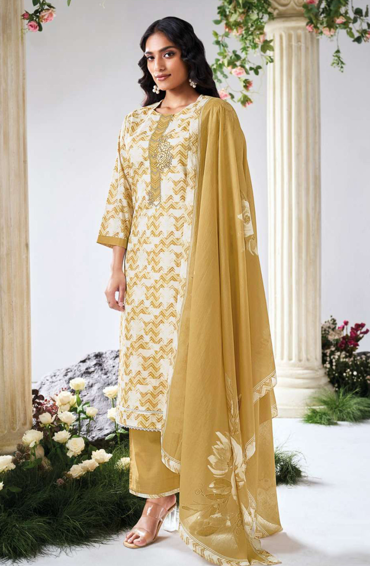 Yellow premium cotton linen Unstitched Suit Set with Dupatta - ASLS3596B