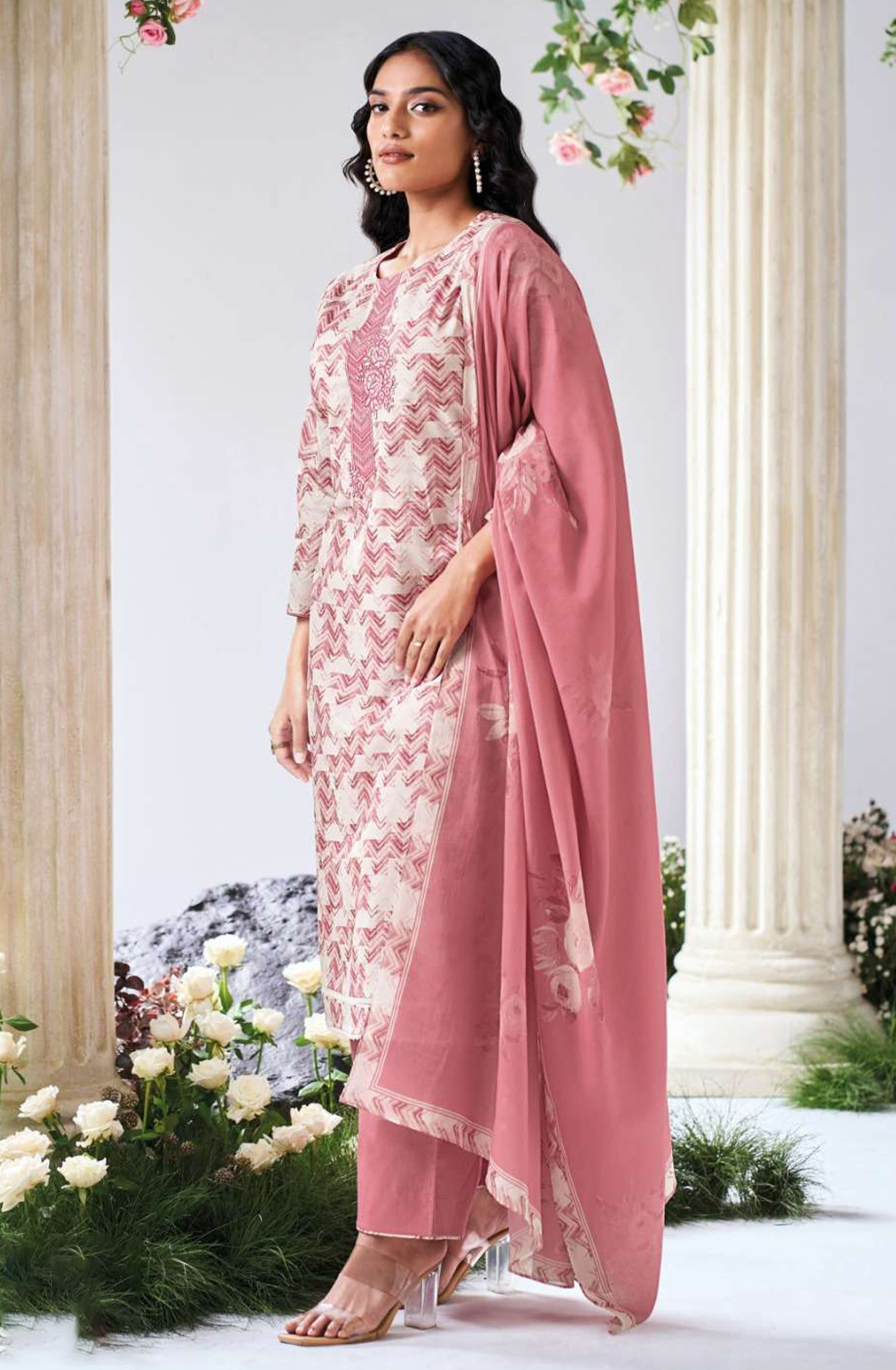 Peach premium cotton linen Unstitched Suit Set with Dupatta - ASLS3596C