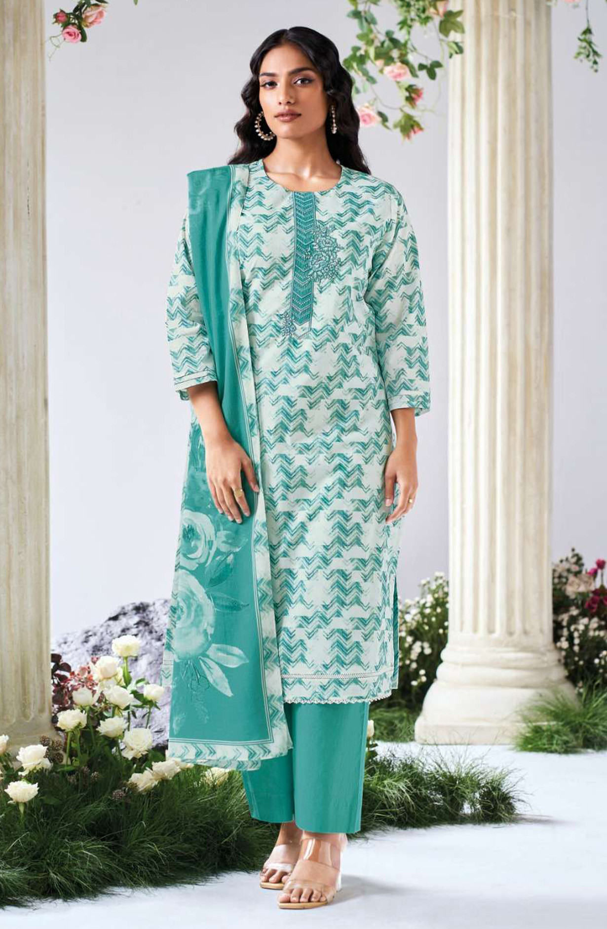 Green premium cotton linen Unstitched Suit Set with Dupatta - ASLS3596D