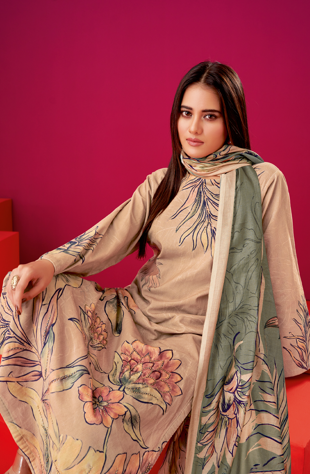 Beige Cotton Corduroy Unstitched Printed Suit - ALB561