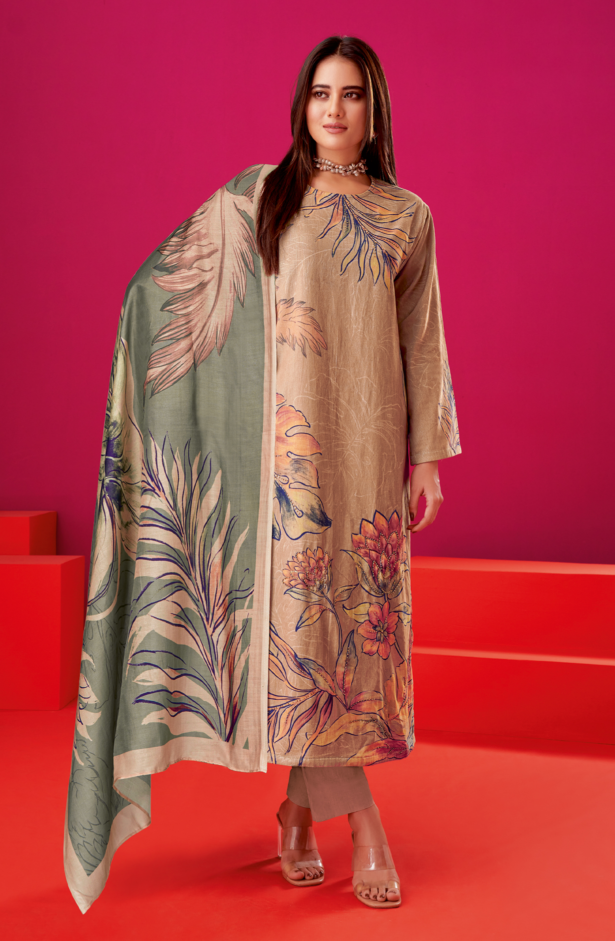 Beige Cotton Corduroy Unstitched Printed Suit - ALB561