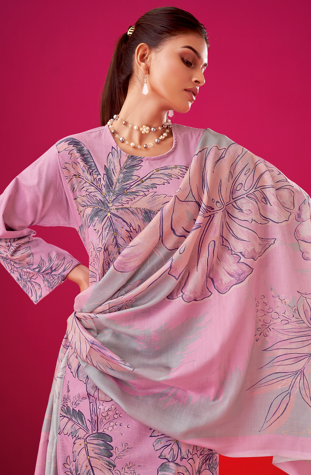 Lavender Cotton Corduroy Unstitched Printed Suit Sets - ALB547