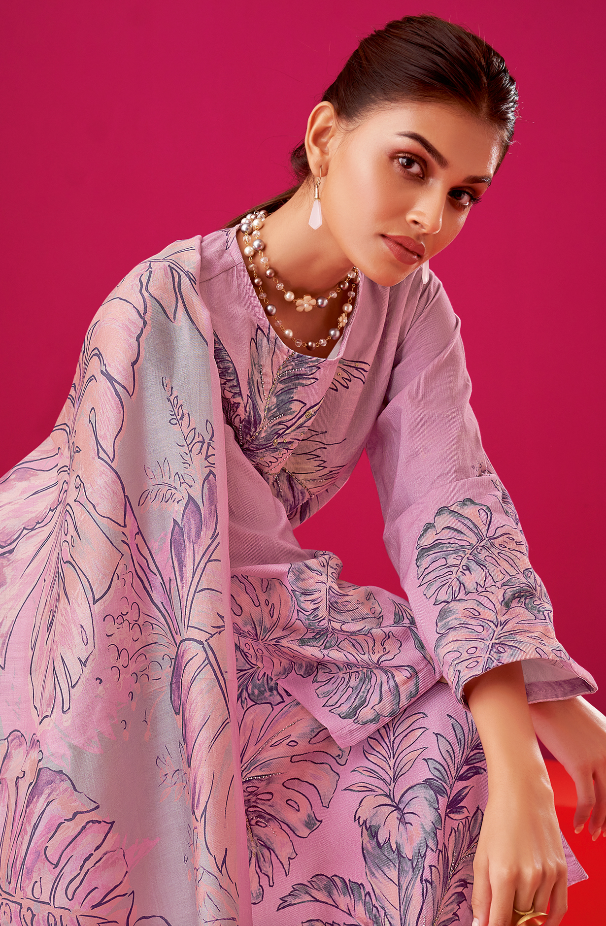 Lavender Cotton Corduroy Unstitched Printed Suit Sets - ALB547