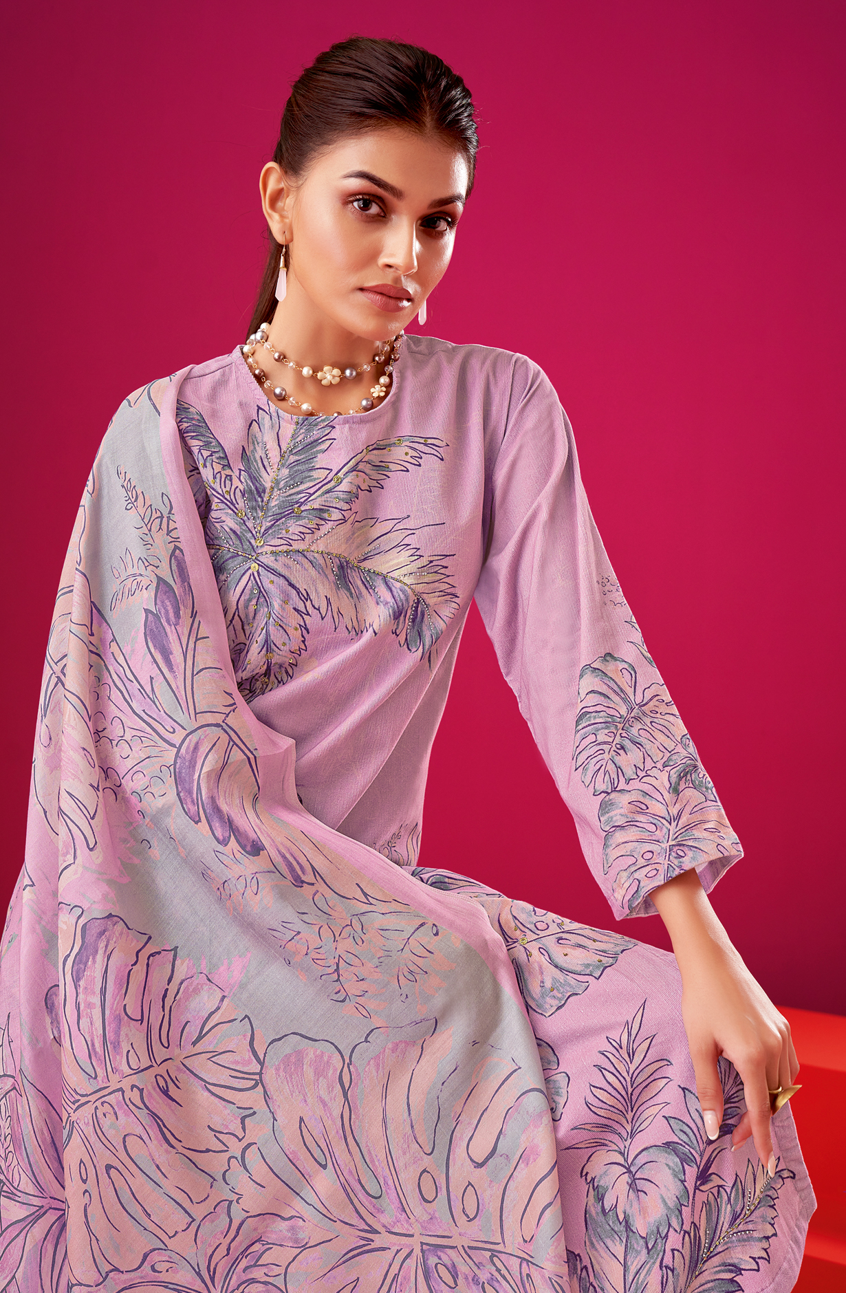 Lavender Cotton Corduroy Unstitched Printed Suit Sets - ALB547