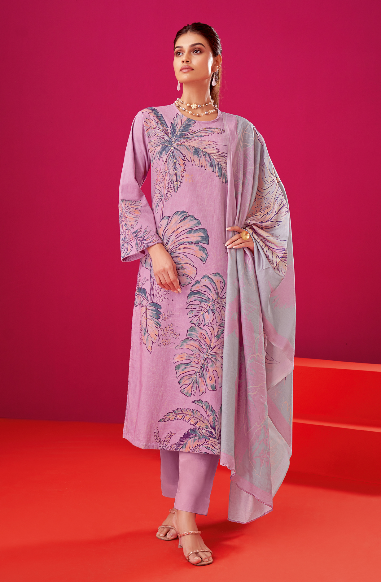 Lavender Cotton Corduroy Unstitched Printed Suit Sets - ALB547