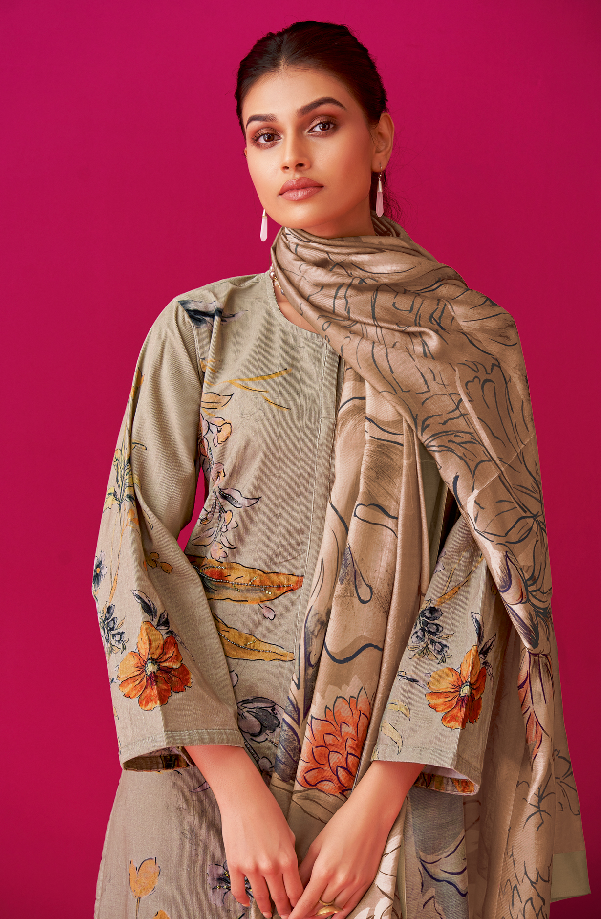 Beige Cotton Corduroy Unstitched Printed Salwar Suit - ALB576