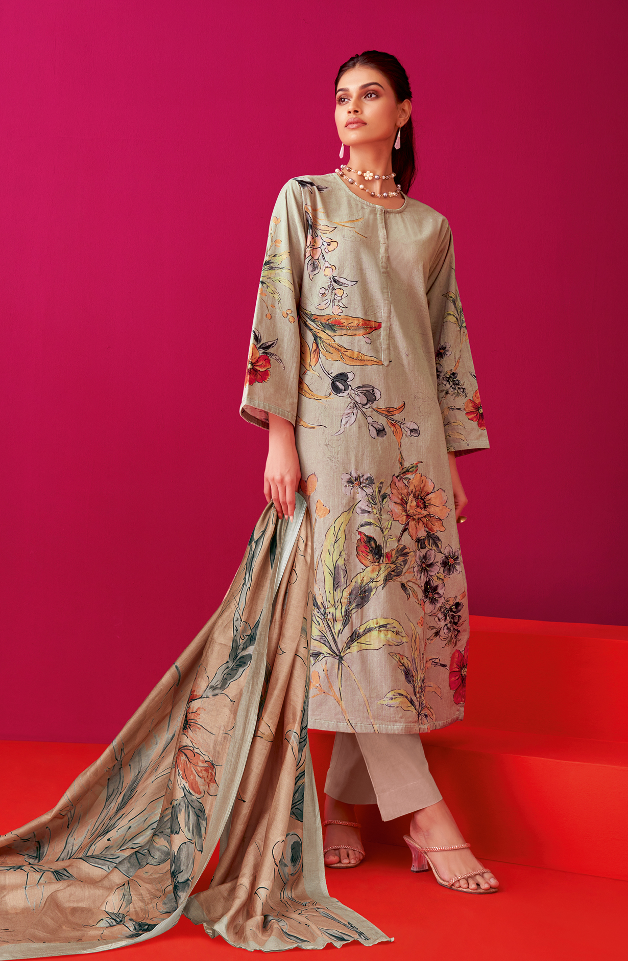 Beige Cotton Corduroy Unstitched Printed Salwar Suit - ALB576