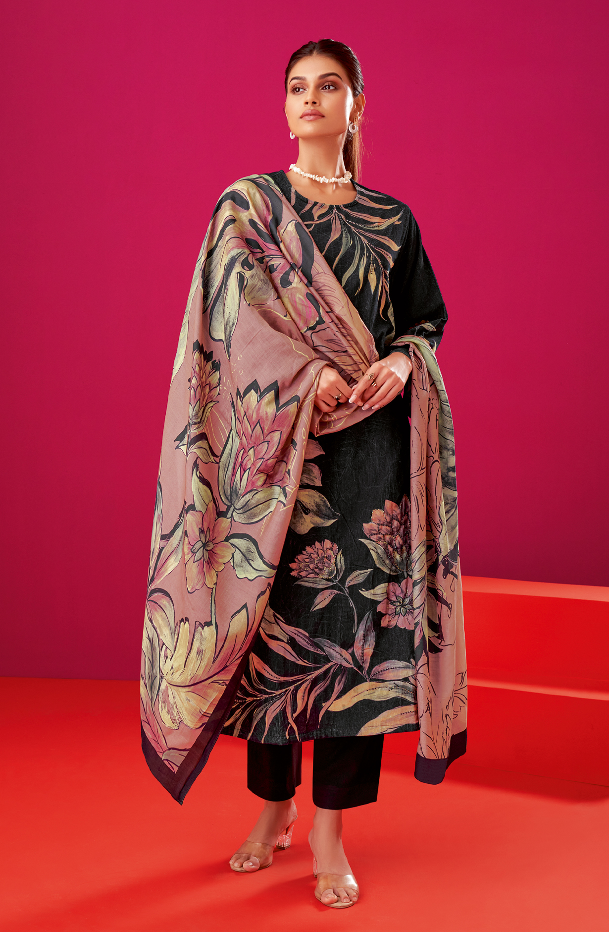 Black Cotton Corduroy Unstitched Printed Suit Sets - ALB512