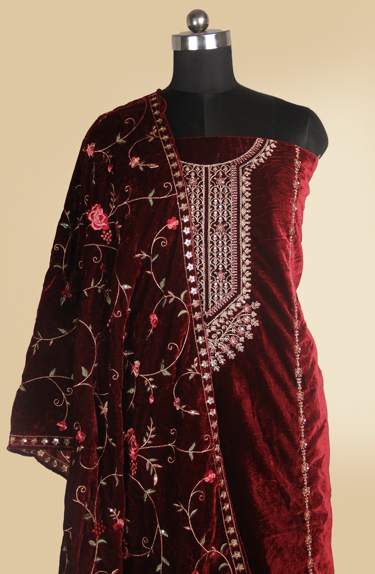 Maroon Velvet Designer Suit Set with Shawl - 131-STE2788B