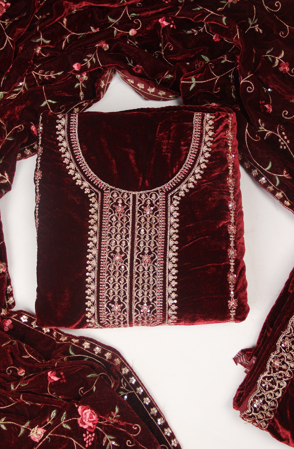 Maroon Velvet Designer Suit Set with Shawl - 131-STE2788B