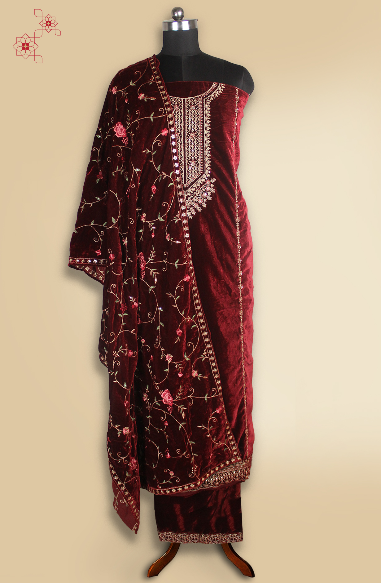 Maroon Velvet Designer Suit Set with Shawl - 131-STE2788B