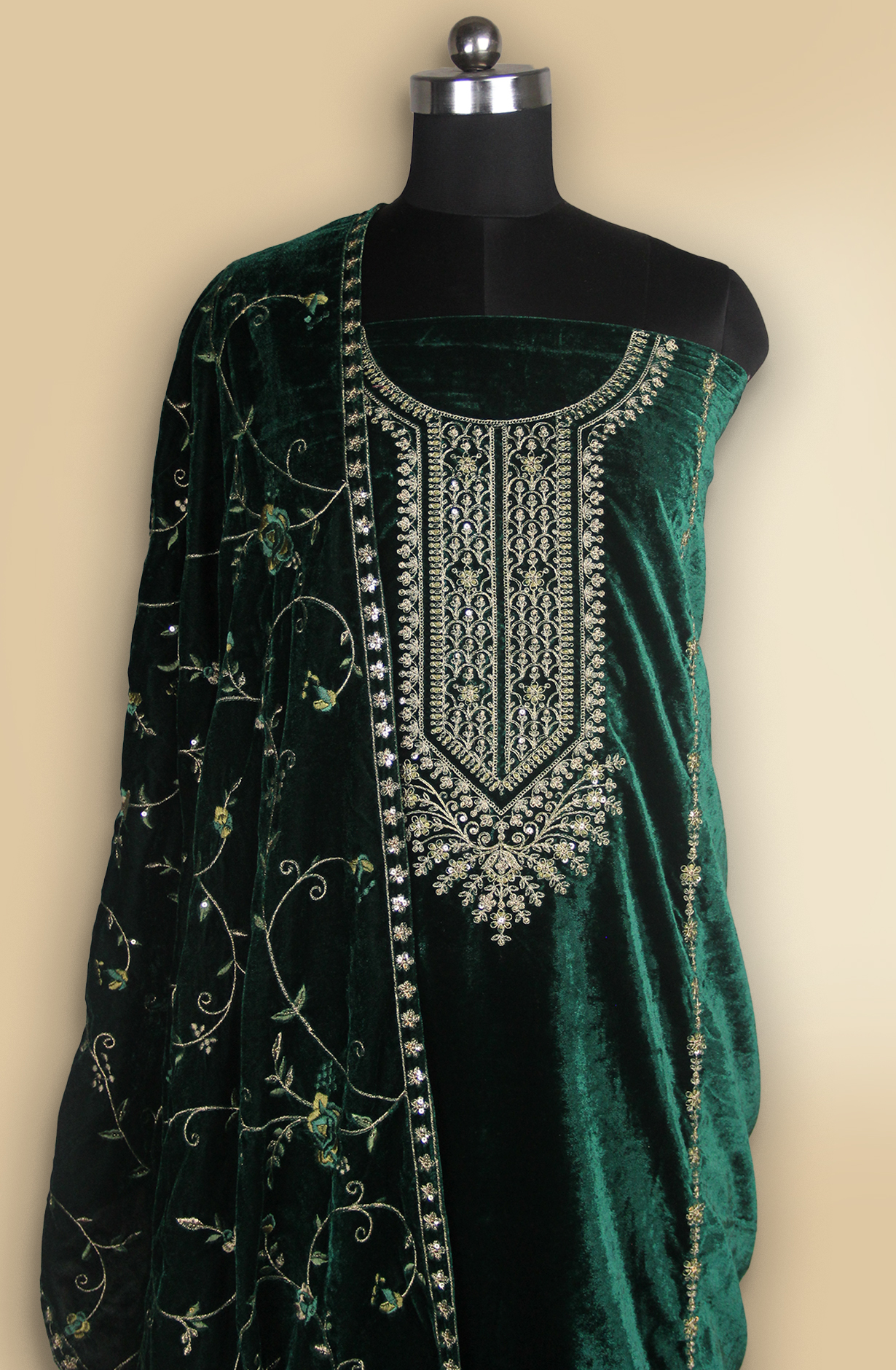 Dark Green Velvet Designer Suit Set with Shawl - 131-STE2788A