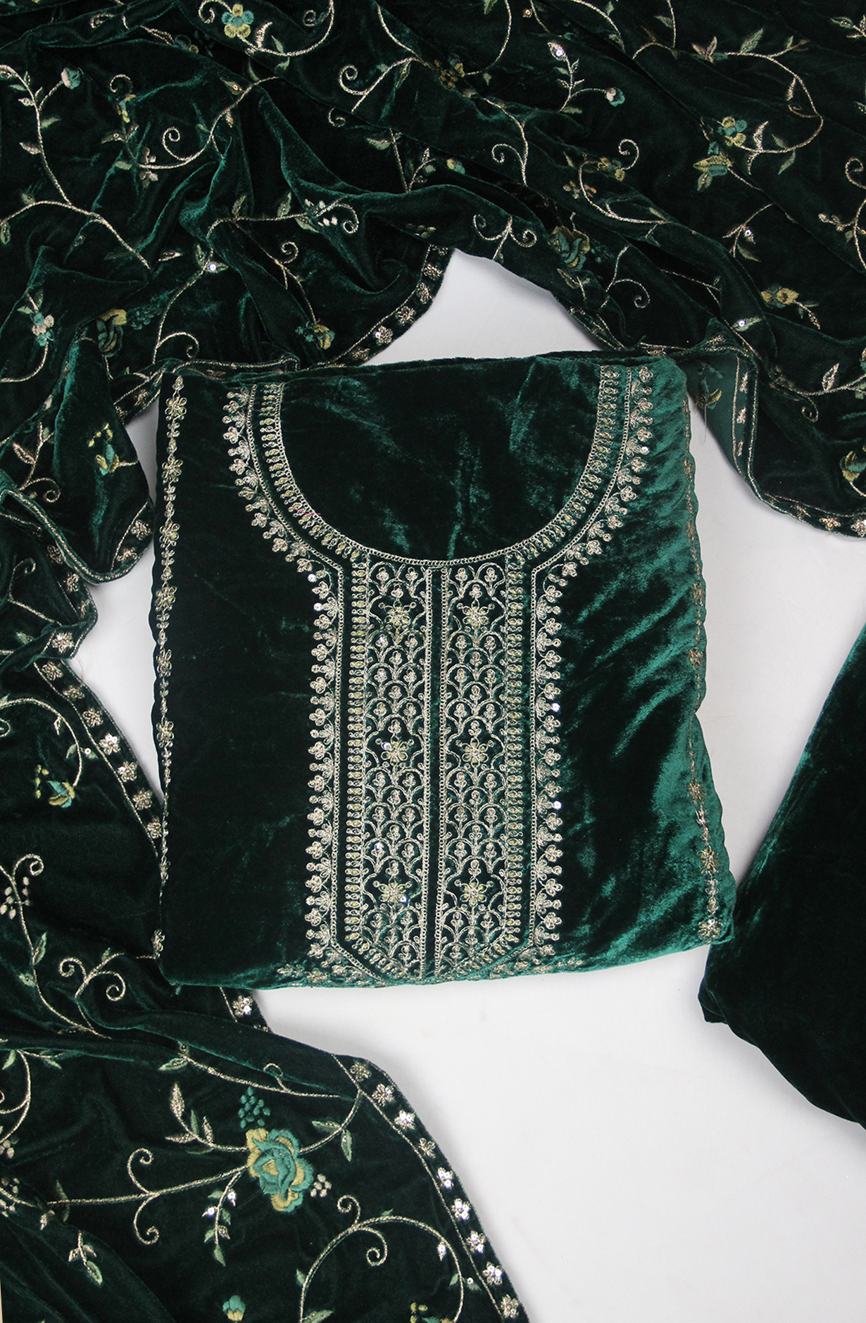 Dark Green Velvet Designer Suit Set with Shawl - 131-STE2788A