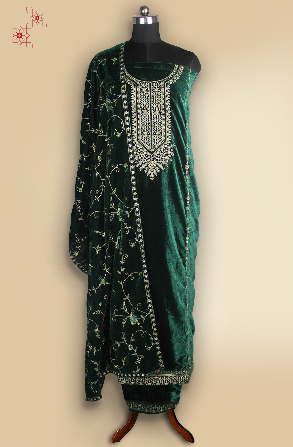 Dark Green Velvet Designer Suit Set with Shawl - 131-STE2788A