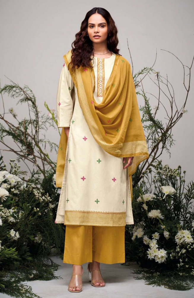 Image of Mustard premium cotton Unstitched Suit Set with Dupatta - ELIS4469D