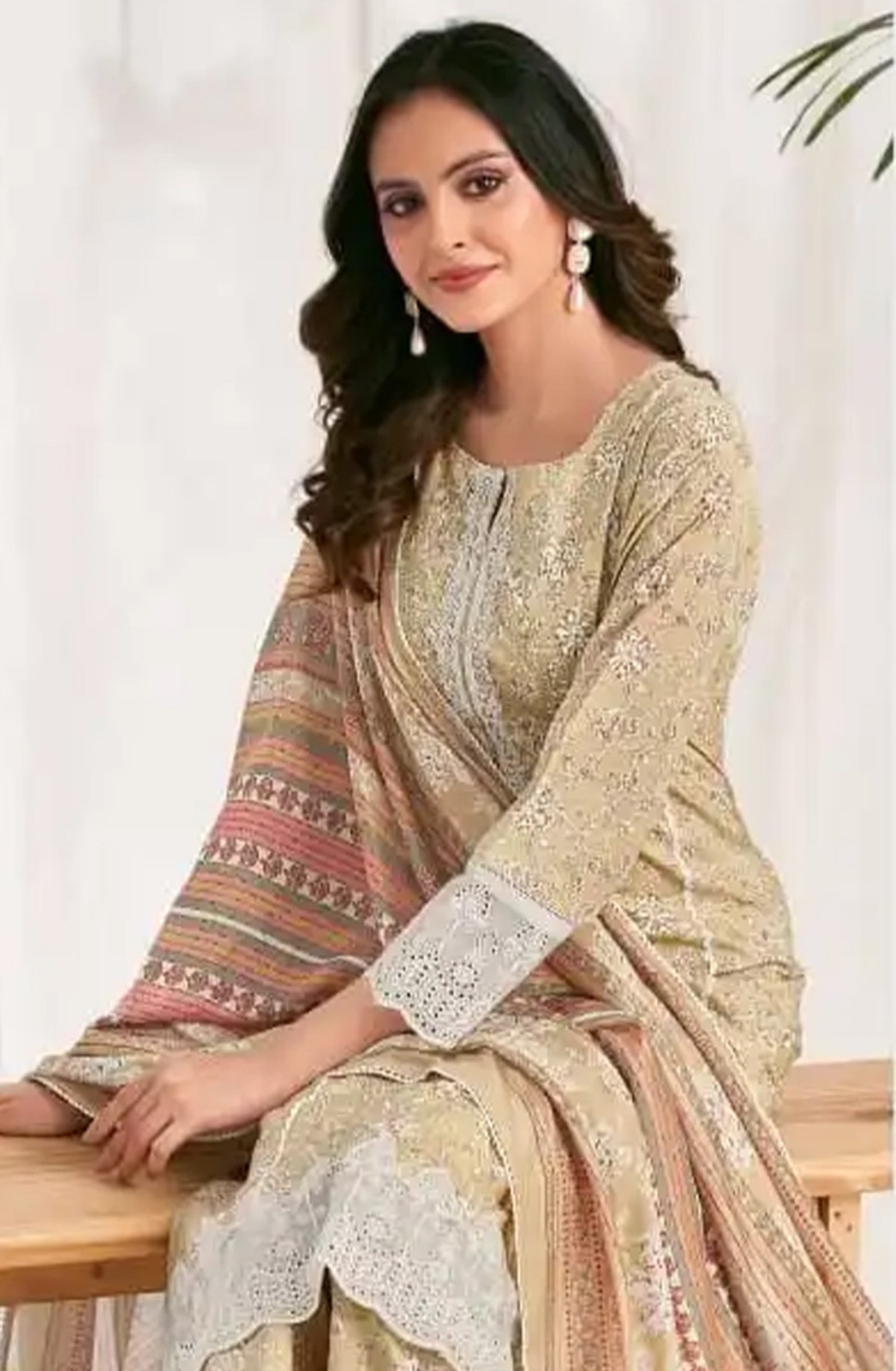 Olive cotton block print Unstitched Suit Set with Dupatta - VAR10513