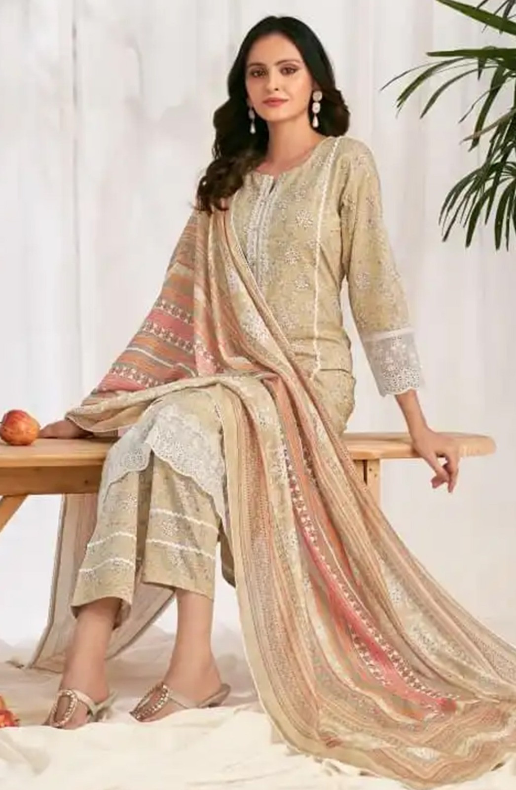 Olive cotton block print Unstitched Suit Set with Dupatta - VAR10513