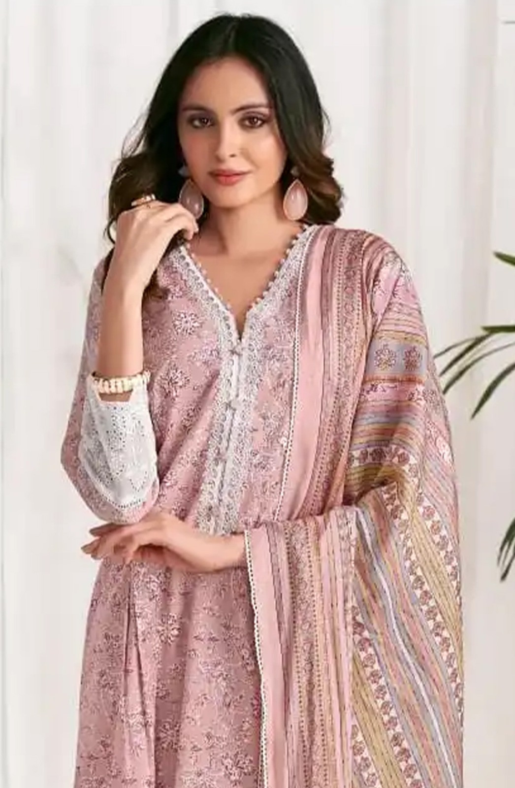 Pink cotton block print Unstitched Suit Set with Dupatta - VAR10512