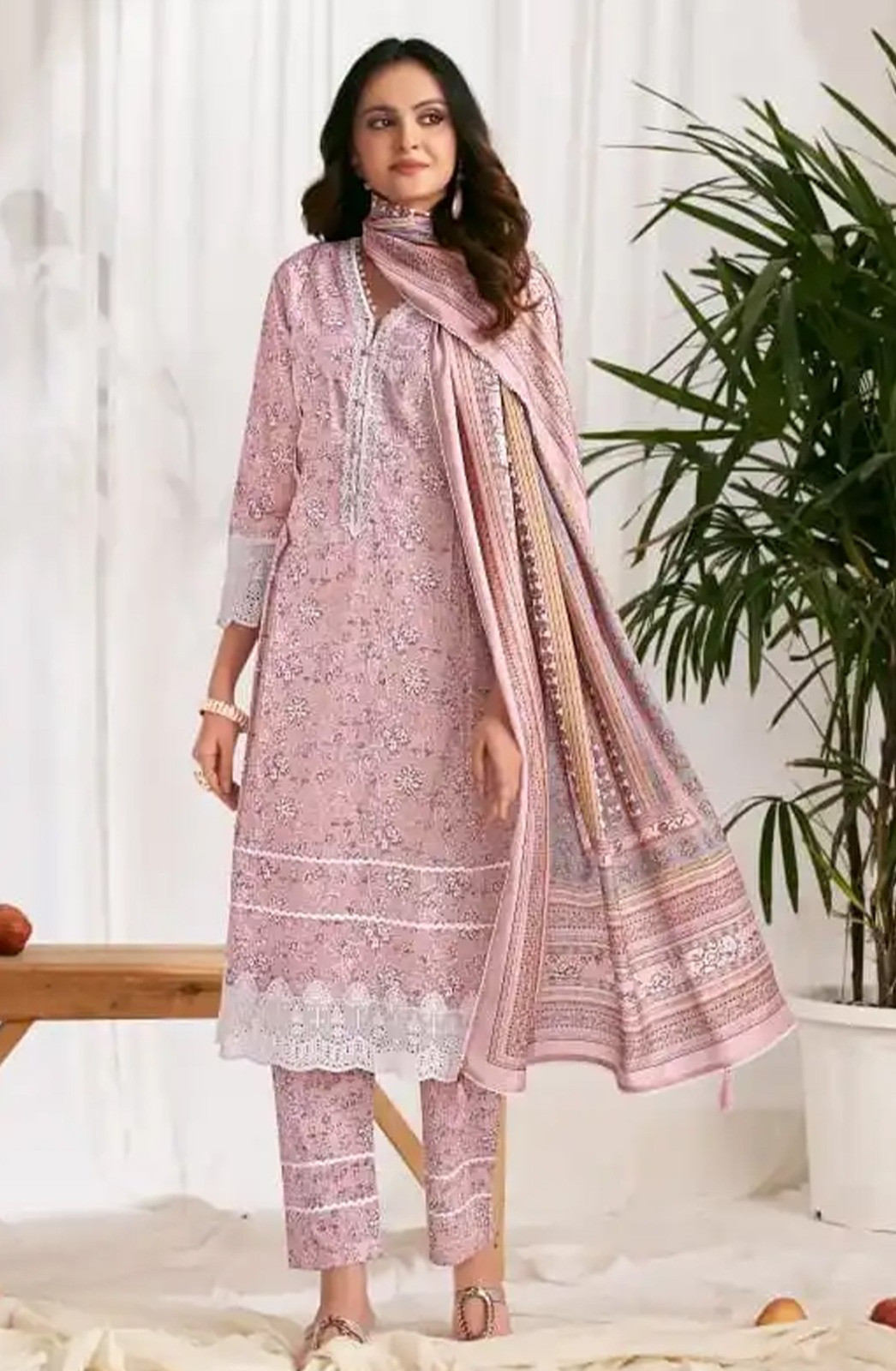 Pink cotton block print Unstitched Suit Set with Dupatta - VAR10512
