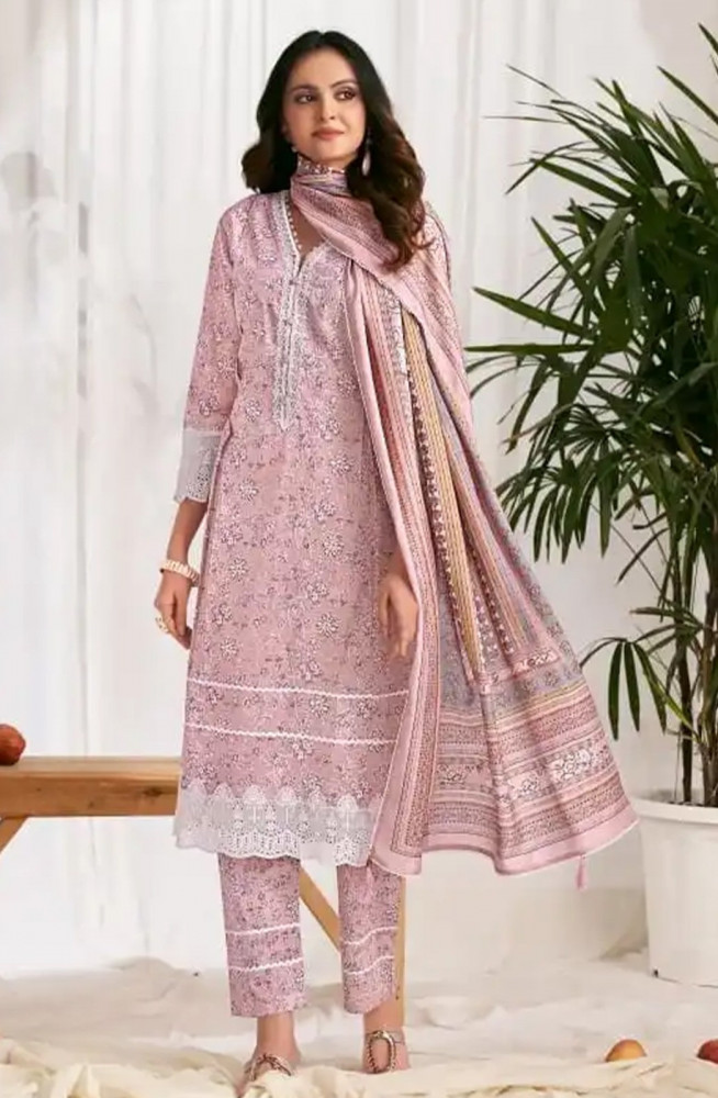 Image of Pink cotton block print Unstitched Suit Set with Dupatta - VAR10512